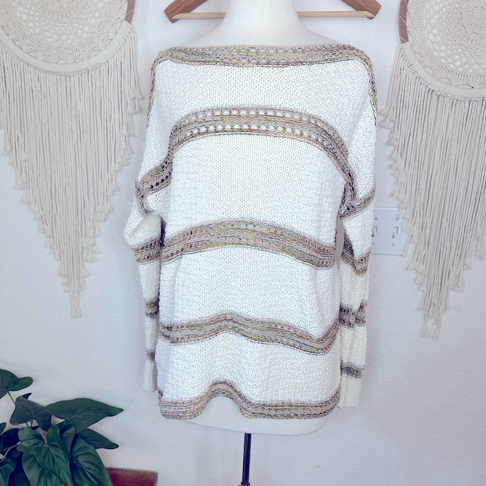 Eddie Bauer cream and colorful striped open knit breathable sweater large